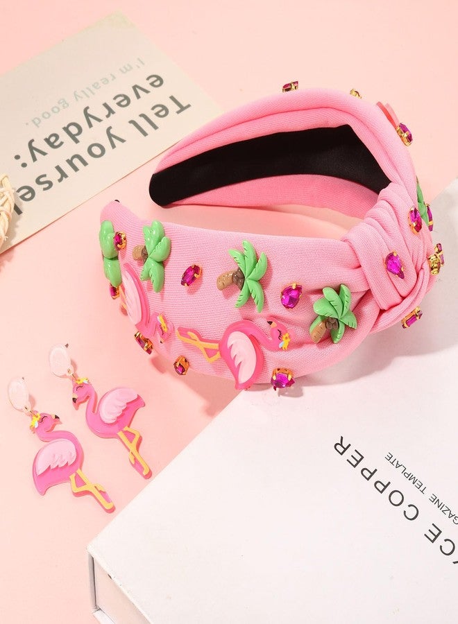 YAHPERN Jeweled Tropical Beach Vacation Flamingo Knotted Headband with Rhinestone Crystals and Wide Top Knot for Women (Flamingo 2) - Image 4